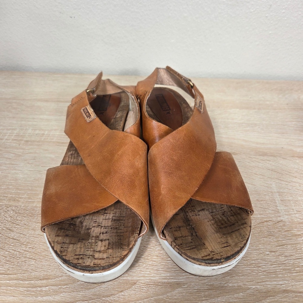 Pikolinos Brown Leather Cork Platform Sandals Women's 41 Cross Strap